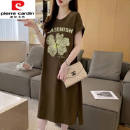 皮爾卡丹（pierre cardin）【印花元素】慵懶風(fēng)短袖t恤裙女夏季休閑寬松過(guò)膝長(cháng)裙純.棉長(cháng)款連 咖色今年流行的輕奢品牌 M 【建議80-100斤內穿】