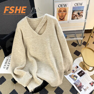FSHE高級(jí)感v領(lǐng)鏤空套頭毛衣女秋冬季韓版加厚設(shè)計(jì)感小眾慵懶風(fēng)針織衫 杏色 S