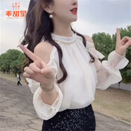 乖甜星法式珍珠掛脖露肩雪紡衫女夏季洋氣減齡喇叭短袖上衣清新甜美小衫 杏色【長(cháng)袖】 長(cháng)袖釘珠小衫 XL 【建議120-135斤】