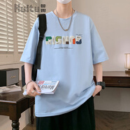 回圖（Huitu）夏季新款美式圓領(lǐng)短袖t恤青少年學(xué)生寬松五分袖男生半袖打底衫潮 淺藍(lán)色 M