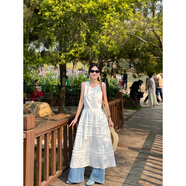 HUALIN FASHION韓國(guó)度假風(fēng)蕾絲花邊收腰系帶連衣裙 白色 S