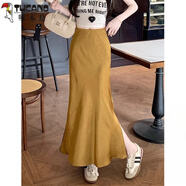 啄木鳥(niǎo)紫色醋酸緞面半身裙女春季中長(cháng)款高腰開(kāi)叉包臀魚(yú)尾裙小個(gè)子a字裙 檸檬黃 L 【建議105-115斤】