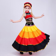 翱?jì)?yōu)彝族服裝女 大擺裙洗春天舞蹈服哈尼舞蹈服彝族火把節服裝 無(wú)袖上衣加540度裙子加頭飾 150 兒童