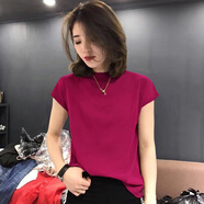 AJLAJK歐洲站2025新款洋氣冰絲針織衫短袖T恤女夏季寬松薄款半高領(lǐng)上衣 玫紅色 2XL 冰絲面料現(xiàn)貨
