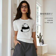 Olrain歐芮兒淺灰色針織衫女夏季新款趣味熊貓短袖套頭衫 白色 L