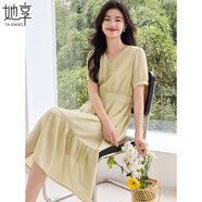 她享短袖連衣裙女法式V領(lǐng)中長(cháng)款裙子夏季高腰顯瘦過(guò)膝連衣裙 T52Q038 茴香黃 M