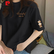 皮爾卡丹女士純A棉短袖t恤女夏季2025新款休閑百搭半袖體恤百搭顯瘦上衣 黑色 帶帽小熊K 品牌 M