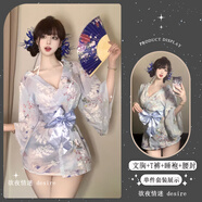 狂陌日系性感和服V領(lǐng)櫻花連衣裙收腰顯瘦帶文胸T褲喇叭袖制服短裙qqny 藍色（文胸+T褲+睡袍+腰封） 均碼 【80-120斤】