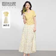 熙世界（sllsky）夏日出游穿搭套裝2025新款女短袖V領(lǐng)T恤碎花半身裙兩件套 奶酪黃 L