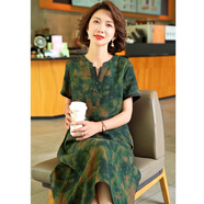 迪芬璐嘉2025年夏季新款杭州絲綢香云紗真絲連衣裙女桑蠶絲大牌中年媽媽裙 綠色 3XL 適合130-145斤左右