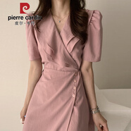 皮爾卡丹（pierre cardin）韓國chic法式復古雙層領(lǐng)斜扣收腰顯瘦中長(cháng)款一片式泡泡袖連衣裙女 粉色 M