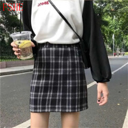 FSHE2025夏季新款韓版高腰顯瘦修身女格子時尚簡約半身裙A字包臀短裙 黑格裙 M 75-95斤