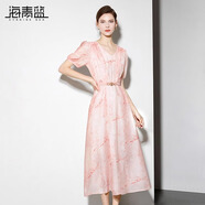 海青藍高端女裝連衣裙女2025新款v領(lǐng)法式氣質(zhì)時尚洋氣短袖連衣裙 粉色 XL