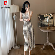 皮爾卡丹（pierre cardin）高級感氣質(zhì)女神范條紋針織連衣裙女法式優(yōu)雅無(wú)袖V領(lǐng)修身顯瘦長(cháng)裙 黑杏條紋 S
