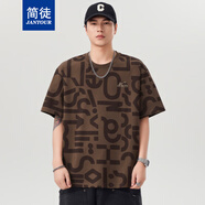 簡(jiǎn)徒（JANTOUR）夏季新款短袖T恤男滿(mǎn)印花寬松潮流t恤衫圓領(lǐng)百搭五分袖情侶日系 咖啡色 L