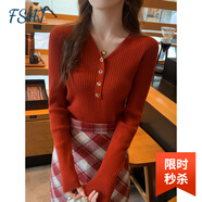 FSAT打底衫女小香風(fēng)內(nèi)搭秋裝2025新款v領(lǐng)針織衫軟糯毛衣長袖早秋上衣 紅色 商場同款 均碼 即M碼建議95-105斤 商場同款