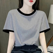 蘇檸檸純棉T恤女短袖2025夏季撞色正肩短袖女寬松顯瘦體恤衫上衣女 灰色（無圖案） 3XL 建議130-145斤
