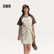 森馬（Semir）【連衣裙合輯】夏天女法式慵懶風(fēng)裙子復(fù)古學(xué)院風(fēng)針織裙雪紡碎花裙 M款撞色T恤裙-咖色調(diào)00455 L