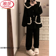 浪莎（LangSha）公主風(fēng)娃娃領(lǐng)睡衣女韓版珊瑚絨加絨加厚秋冬季新款保暖家居服套裝 黑色花邊【厚款珊瑚絨】 S