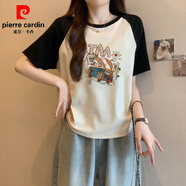 皮爾卡丹（pierre cardin）拼色短袖T恤女閨蜜裝寬松韓版插肩半袖短款上衣潮ins夏裝2025新款 黑拼杏【TAA公交】 M