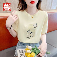 唐馨裳純棉短袖T恤女夏季新款寬松洋氣減齡圓領(lǐng)體恤韓版泡泡袖女裝上衣 杏色 S 【建議80-95斤】