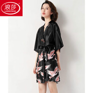 浪莎（LangSha）睡衣女春秋夏季薄款冰絲大碼睡袍紅色結婚新娘晨袍仿真絲浴袍寬 短款-黑色【柔軟親膚】 2XL 適合140-160斤【柔軟親膚】
