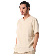 楠中國風(fēng)男士夏裝苧麻短袖中式復古休閑上衣大碼寬松百搭T恤男若風(fēng) 36#亞麻原色 M  此款版型偏大，請拍小一碼