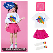 迪士尼（Disney）小學(xué)生運(yùn)動(dòng)會(huì)六一團(tuán)體操啦啦隊(duì)演出服幼兒園畢業(yè)班服合唱表演服裝 CN/女-白短袖+玫短裙+玫方巾+彩 140