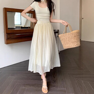 姿偉祺法式蕾絲提花半身裙高腰百搭春秋季新款長裙 杏色 4XL