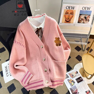 AEMAPE小熊毛衣開衫女外套2025春新款女裝衣服寬松溫柔秋冬季針織上衣 粉色 均碼 (80-140斤拍)