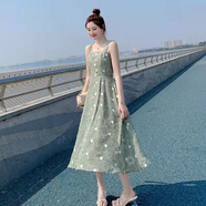 鳶諾2025夏季雪紡連衣裙韓版顯瘦森系吊帶裙女中長(cháng)款法式裙子優(yōu)雅氣質(zhì) 綠色 S 80---90斤
