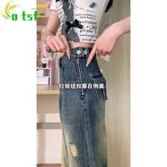 OTST大碼高街辣妹側(cè)拉鏈破洞微喇牛仔褲女春季高腰寬松顯瘦闊腿拖地褲 藍色+腰帶 L 【建議105-120斤】