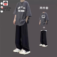 AEMAPE夏季套裝男士設(shè)計(jì)感潮流短袖T恤學(xué)生酷帥氣兩件套炸街搭配直筒褲 [T159套裝]上衣深灰+薄款直筒 M 身高164左右體重95斤左右
