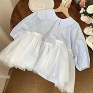 COLORFUL GEMS寶寶藍條紋娃娃領(lǐng)網(wǎng)紗公主裙女童襯衫裙兒童連衣裙 條紋網(wǎng)紗裙 M 90c