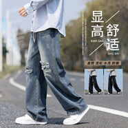 Foss Phil破洞直筒牛仔褲子男士秋冬季潮牌做舊款復古寬松美式休閑長(cháng)褲 DJ-30154復古藍 S 【建議90斤-105斤】