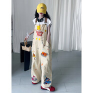 女童褲子2025春秋卡通背帶褲兒童潮范美式休閑連衣褲大童工裝褲子 120