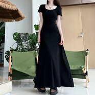 衣然呈品法式時(shí)尚收腰連衣裙女夏季新款高級感氣質(zhì)純色時(shí)尚個(gè)性長(cháng)裙子女 黑色 L 【建議110-120斤】