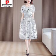 皮爾卡丹（pierre cardin）波點(diǎn)棉綢連衣裙女夏季時(shí)尚外穿洋氣綁帶收腰寬松遮肚短袖過膝裙子 黑白線條 M 【100斤以內(nèi)】