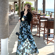 皮爾卡丹（pierre cardin）海邊度假藍色碎花吊帶連衣裙女2025春夏針織衫氣質(zhì)雪紡沙灘裙套裝 藍色碎花裙+黑開(kāi)衫 L （115-130斤）