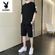 花花公子（PLAYBOY）高檔休閑運動(dòng)套裝男士搭配帥氣短袖t恤男夏季新款潮流短褲一套男 0850黑色套裝 M 【90-110斤】