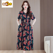 初徑中年媽媽裝棉綢連衣裙女夏季短袖中長(cháng)款寬松大碼顯 519--5號花色 XL 90--110斤