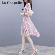 拉夏貝爾（La Chapelle）短袖雪紡連衣裙女裝2025年夏季新款韓版小個子中長款沙灘裙子春天 粉色 L 【建議105-115斤左右】