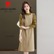 皮爾卡丹（pierre cardin）潮流簡約針織連衣裙女秋冬裝新款寬松大碼長袖撞色感毛衣長裙 秋香黃 L 105-120斤