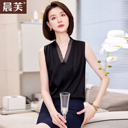 晨芙職業(yè)無袖V領(lǐng)襯衫女夏季高級感西裝內(nèi)搭背心打底衫上衣雪紡白襯衣 黑色襯衫(0086蕾絲邊款) L 建議100-108斤