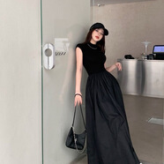 芭芙達妮黑色赫本風(fēng)半高領(lǐng)夏季2025新款連衣裙女短袖復(fù)古裙子女氣質(zhì)a字裙 黑色 M