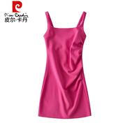 皮爾卡丹（pierre cardin）純色方領(lǐng)褶皺收腰包臀連衣裙女高腰顯瘦無(wú)袖吊帶裙性感辣妹短裙 火龍果色 M