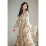 南糖三色度假風(fēng)茶歇絕美杏色碎花連衣裙2025早春法式超仙女收腰長裙子 杏色碎花連衣裙 XL