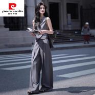 皮爾卡丹2025年夏季新款范斜門(mén)襟小西裝馬甲高腰闊腿西裝褲女時(shí)尚兩件套裝 灰色兩件套 M