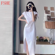 FSHE海邊度假法式白色連衣裙女秋季2025新款感顯瘦t恤開(kāi)叉長(cháng)裙 白色【垂墜感獨特超好看冷淡系獨 L 55/60kg