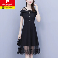 皮爾卡丹（pierre cardin）大號露肩網(wǎng)紗拼接長裙女夏季氣質(zhì)收腰顯瘦波點短袖連衣裙減齡針織 1黑色 雪紡裙 2XL 【建議130-145斤】